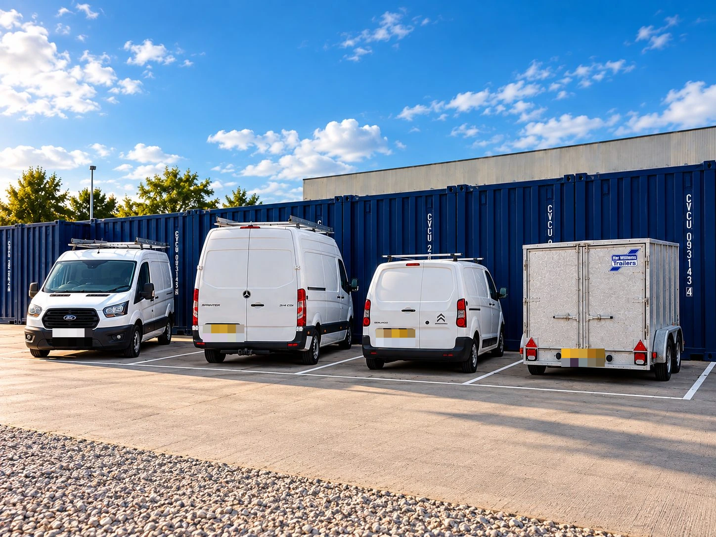 Vans parked in the secure outdoor vehicle compound